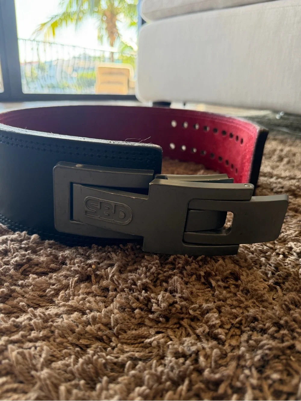 SBD Men's Leather Weightlifting Belt 13 mm— Black with Red Interior Size Medium